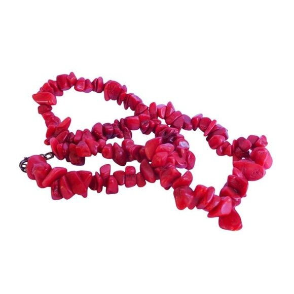Vtg Red Coral Chip Bead Beaded Necklace Short Choker 16" Single Strand 925 Clasp - Picture 2 of 3